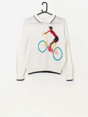 80s vintage collared sweater with cyclist graphic – Medium