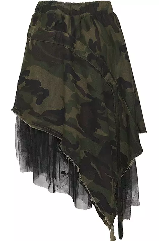 Camo - Tulle Trim Asymmetrical Skirt