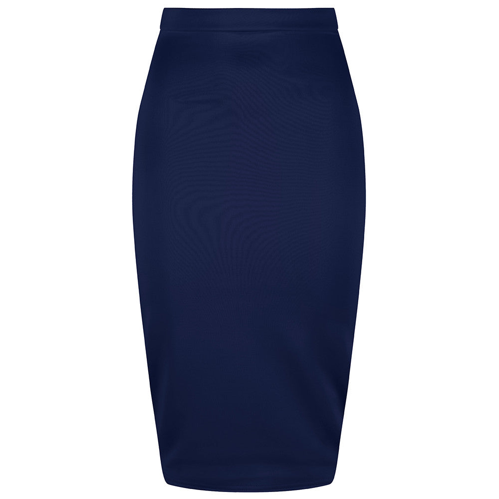 Classic Navy Stretch Pencil Bodycon Midi Office Work Skirt