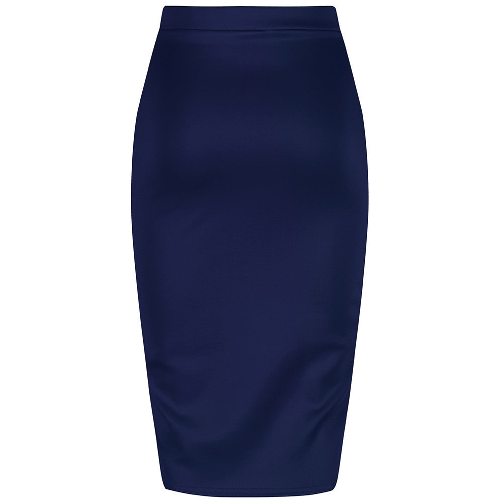 Classic Navy Stretch Pencil Bodycon Midi Office Work Skirt