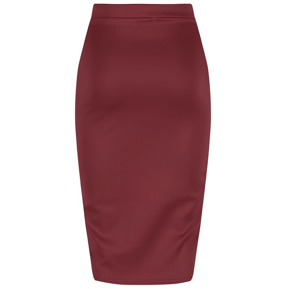 Classic Stretch Burgundy Wine Pencil Bodycon Midi Work Office Skirt