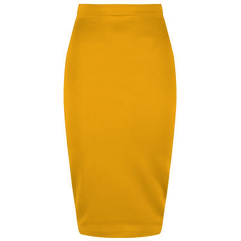 Classic Stretch Honey Yellow Pencil Bodycon Midi Office Work Skirt