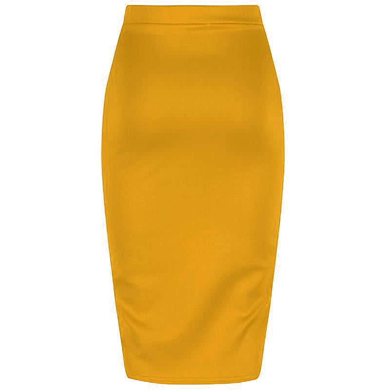 Classic Stretch Honey Yellow Pencil Bodycon Midi Office Work Skirt