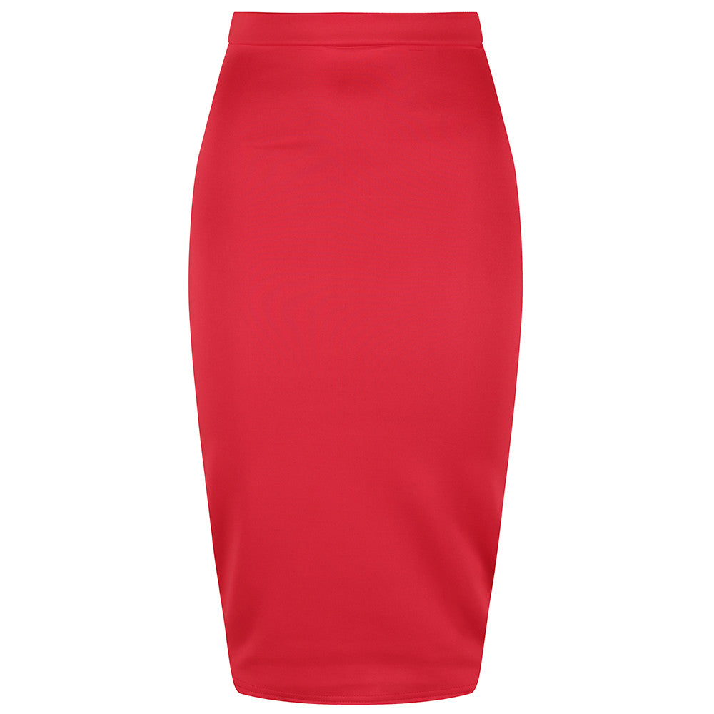 Classic Stretch Red Pencil Bodycon Midi Work Office Skirt