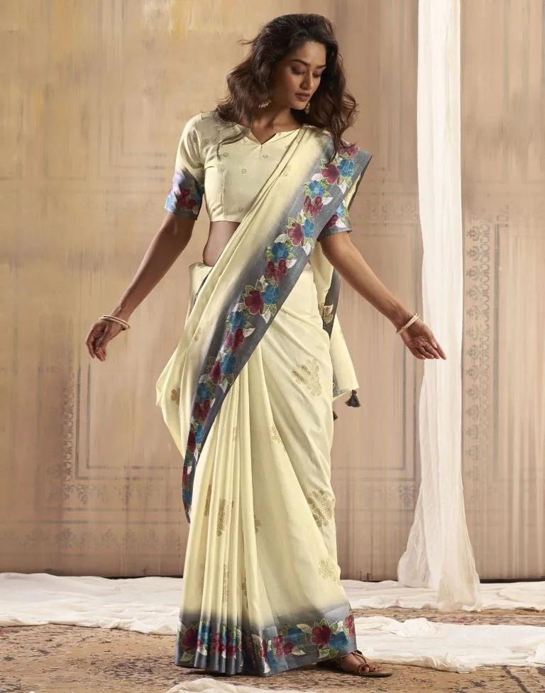 Cream Silk Printed Sarees