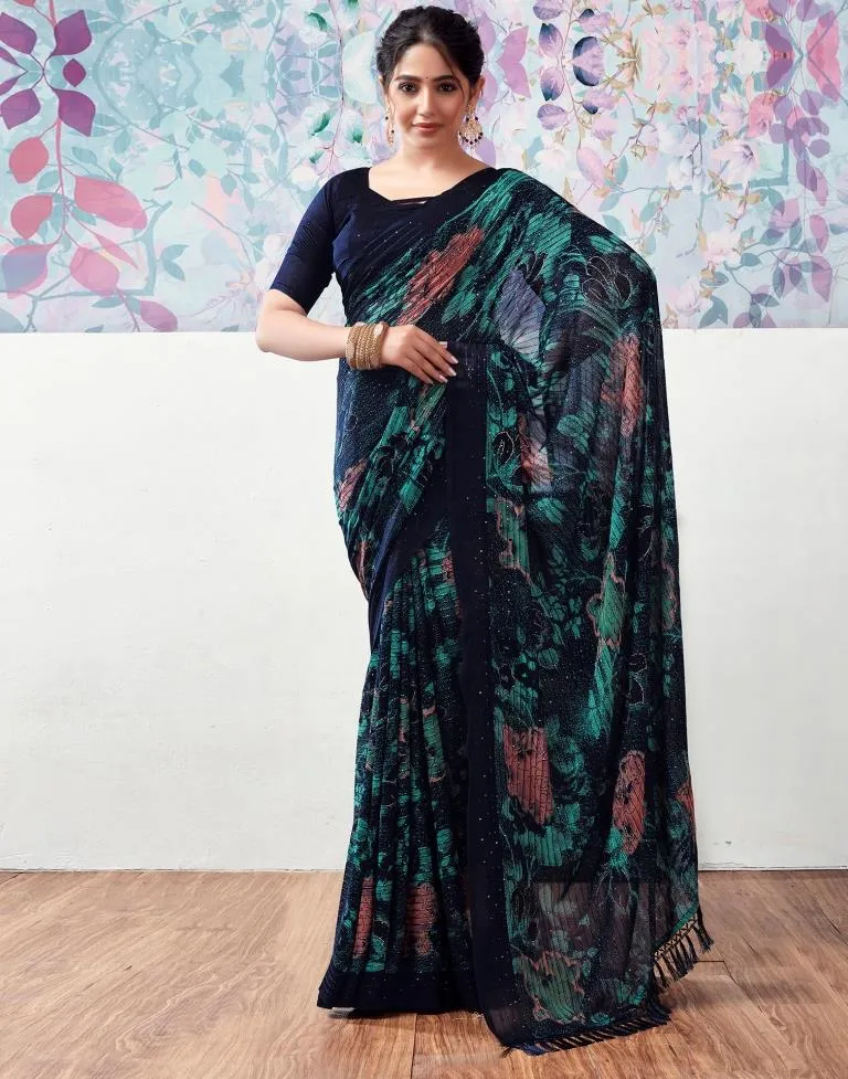 Dark Blue Georgette Printed Sarees