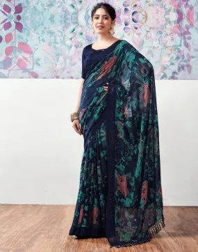 Dark Blue Georgette Printed Sarees