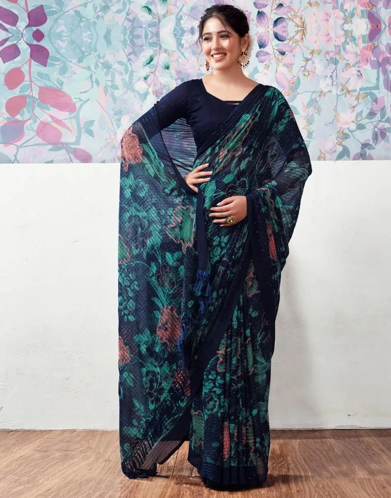 Dark Blue Georgette Printed Sarees