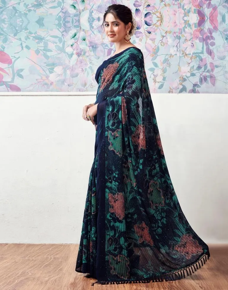 Dark Blue Georgette Printed Sarees