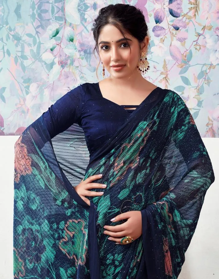 Dark Blue Georgette Printed Sarees