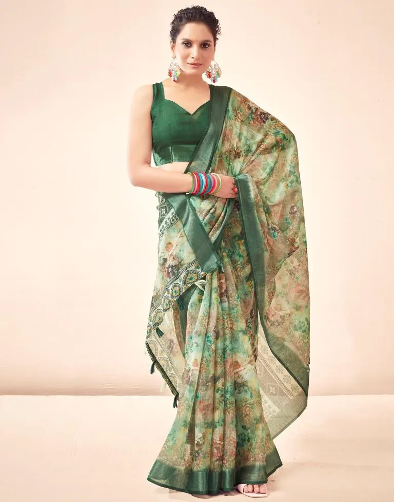 Dark Green Linen Printed Sarees