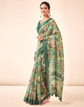 Dark Green Linen Printed Sarees