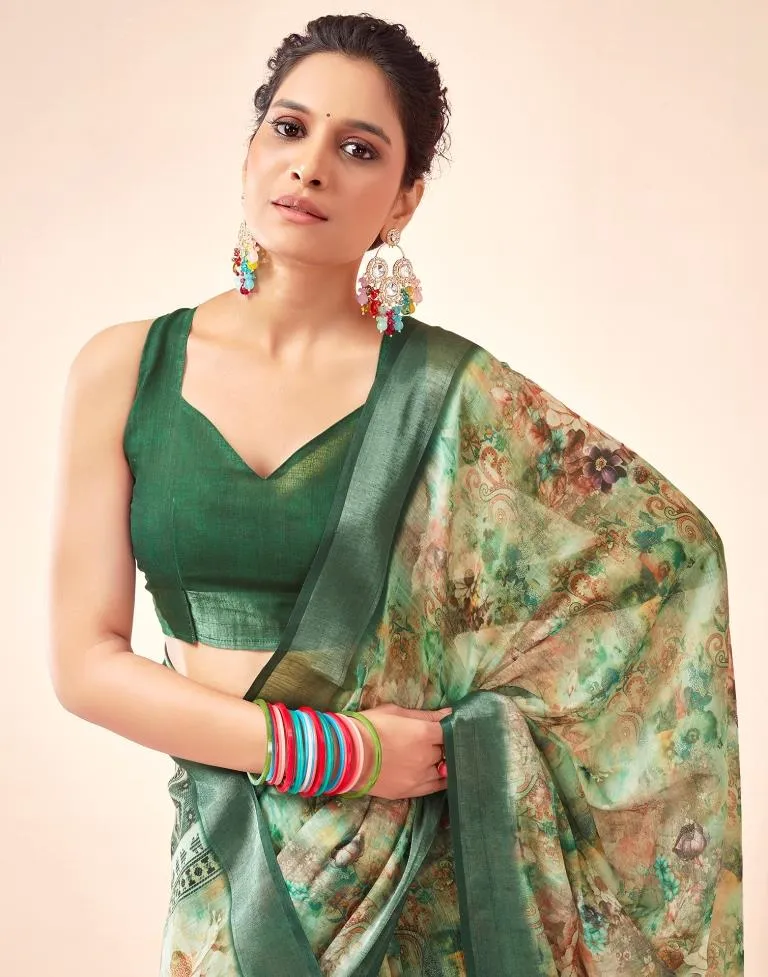 Dark Green Linen Printed Sarees