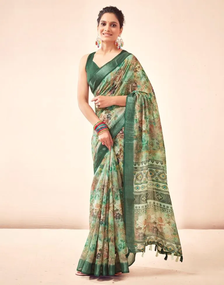 Dark Green Linen Printed Sarees