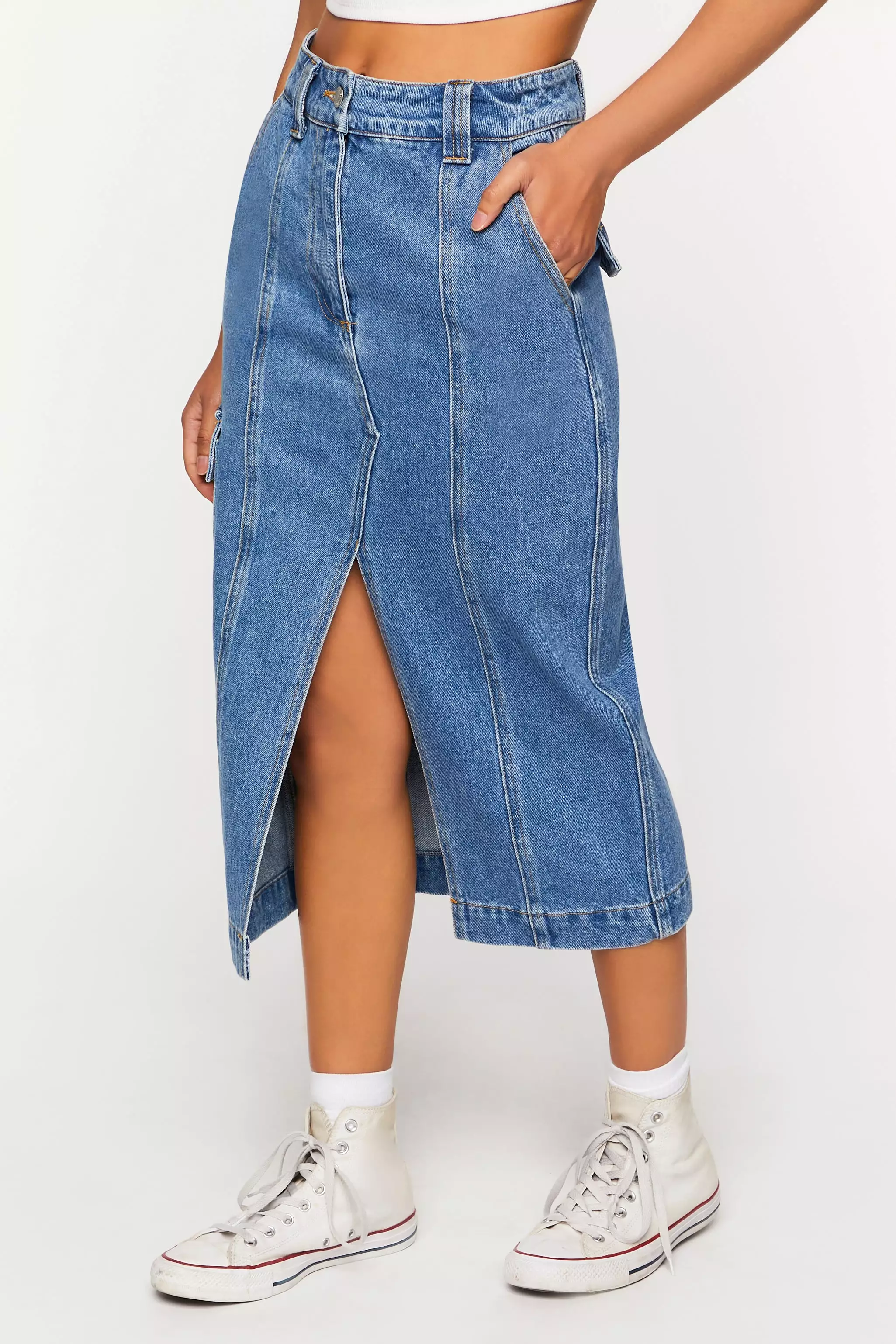 Denim Split-Hem Maxi Skirt