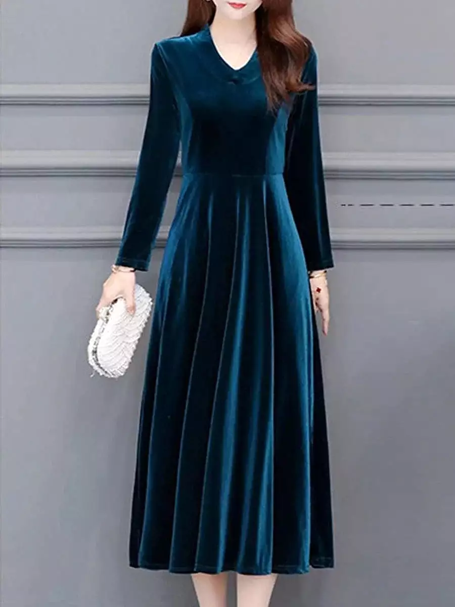 Elegant Velvet V-Neck Midi Dress with Ruched Detail