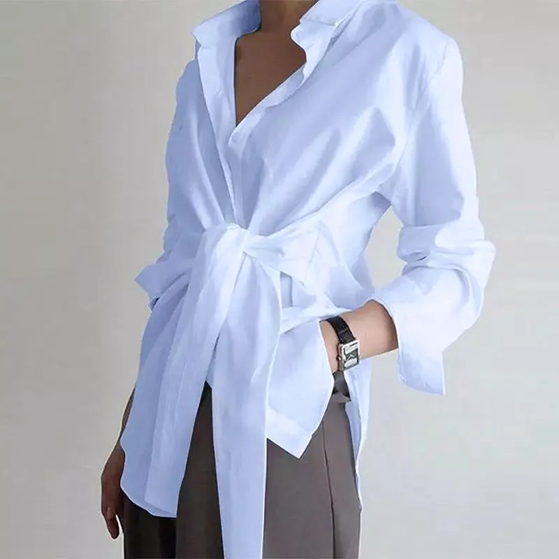 Fashion Women Shirt Blouse Long Sleeve Ruched Solid Color Tie Front Blouse for Office Ladies Elegant Autumn Sky Blue Shirt S2174