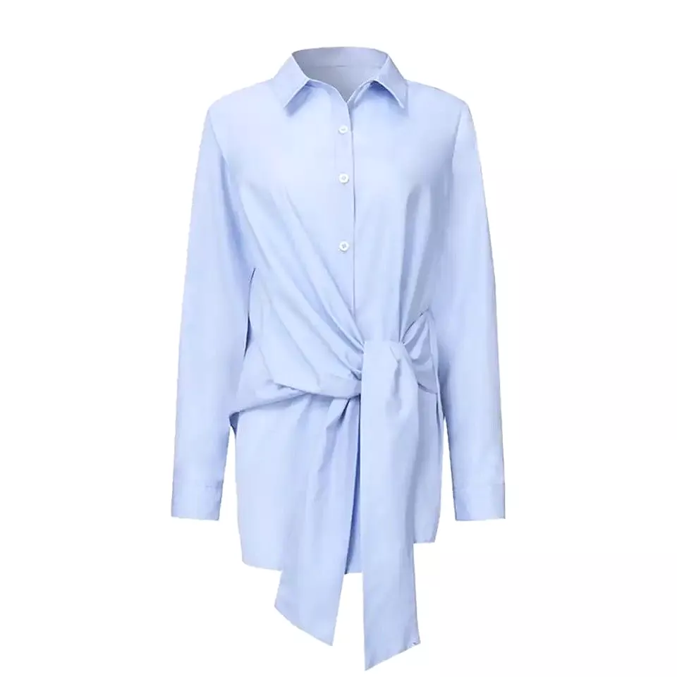 Fashion Women Shirt Blouse Long Sleeve Ruched Solid Color Tie Front Blouse for Office Ladies Elegant Autumn Sky Blue Shirt S2174