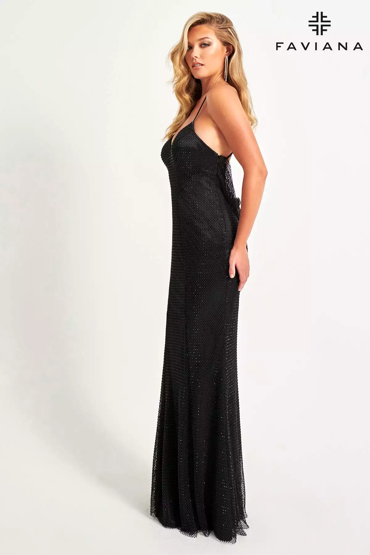 Faviana style 11080 Cowl Back Hotfix Rhinestone Mesh Gown With V-Neck