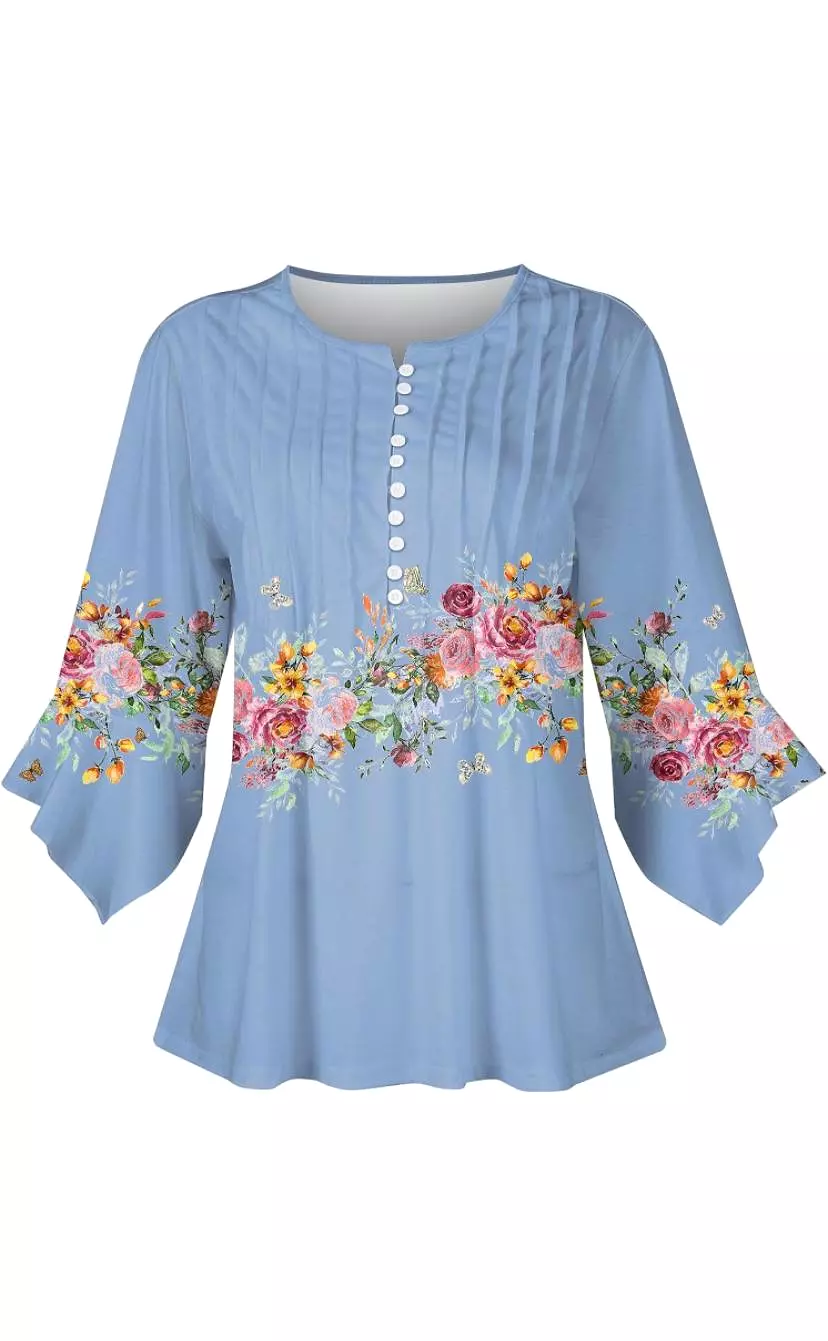 Floral Print V-Neck Short-Sleeved  T-Shirt XL B-71160