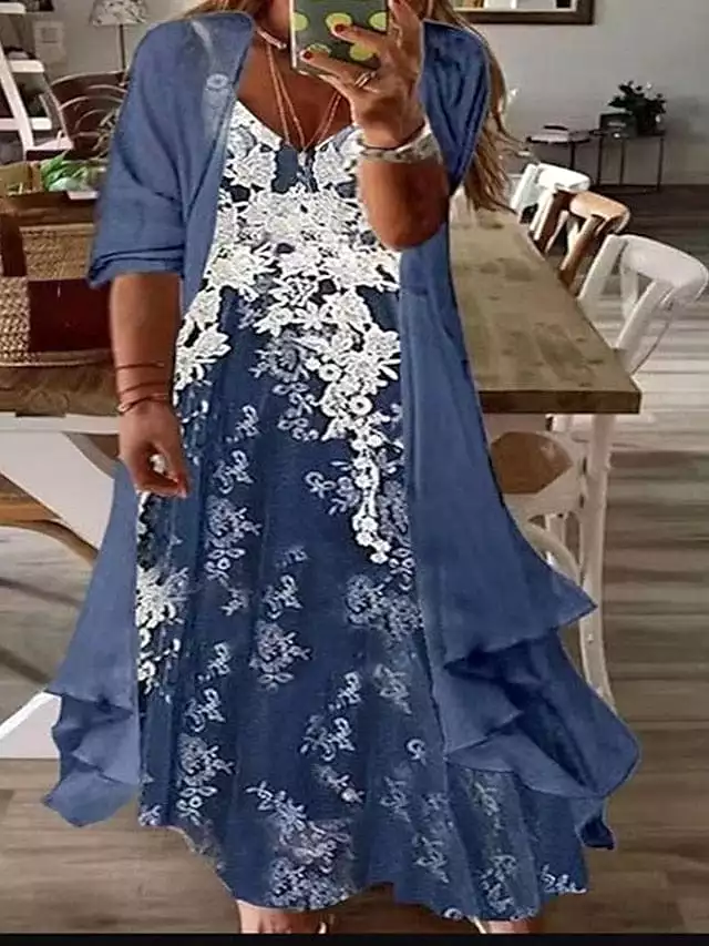 Floral V-Neck Print Two-Piece Plus Size Maxi Dress