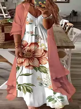 Floral V-Neck Print Two-Piece Plus Size Maxi Dress