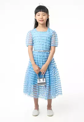 Flowers Puffy Organza Sleeves Dress With Belt