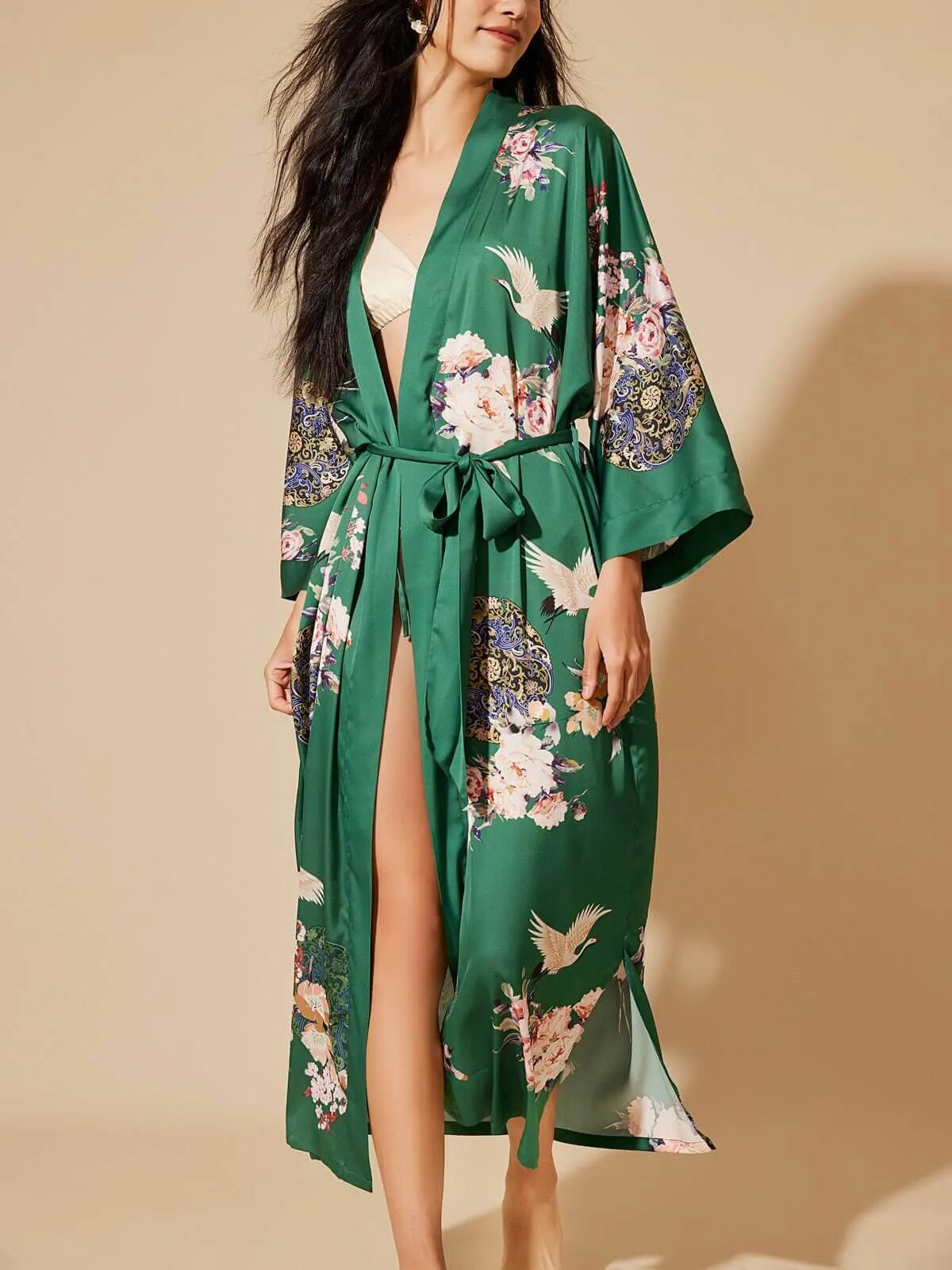 Garden Crane Green Kimono Robe