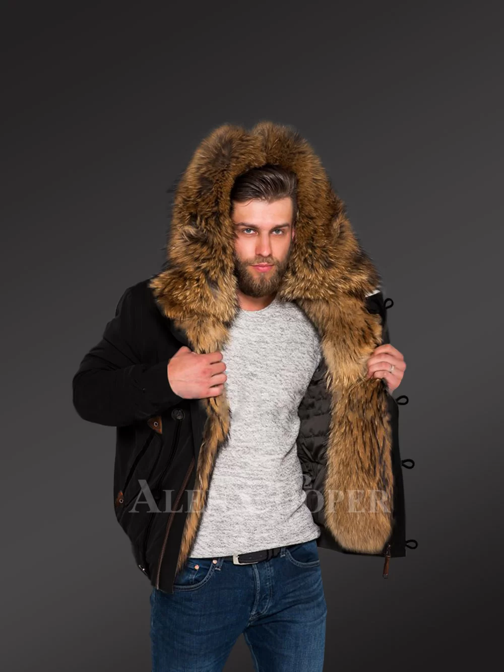 Hybrid Black Finn Raccoon Fur Parkas For Stylish Men