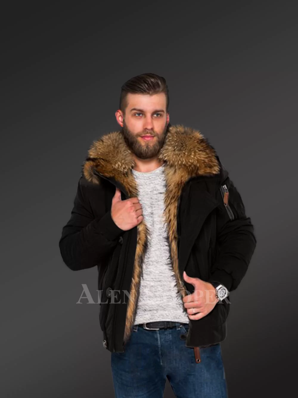 Hybrid Black Finn Raccoon Fur Parkas For Stylish Men