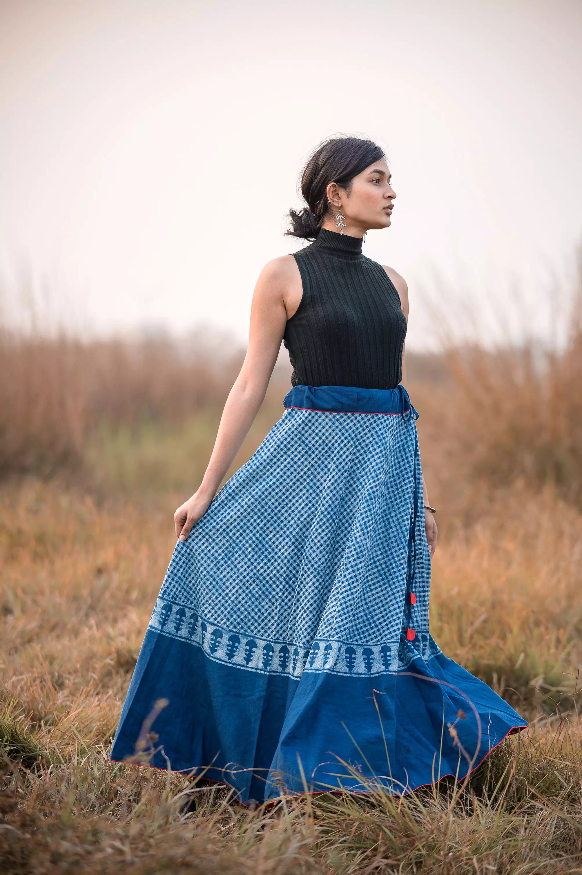 Kaisori Indigo Dabu striped handblockprinted  skirt