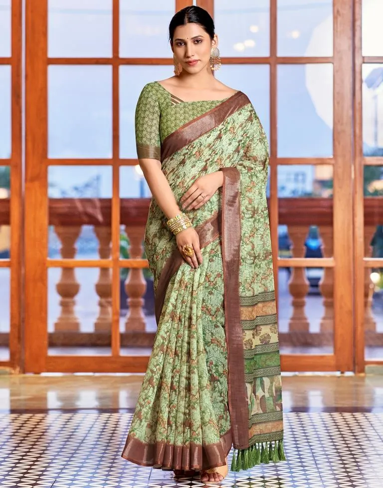 Light Green Linen Printed Sarees