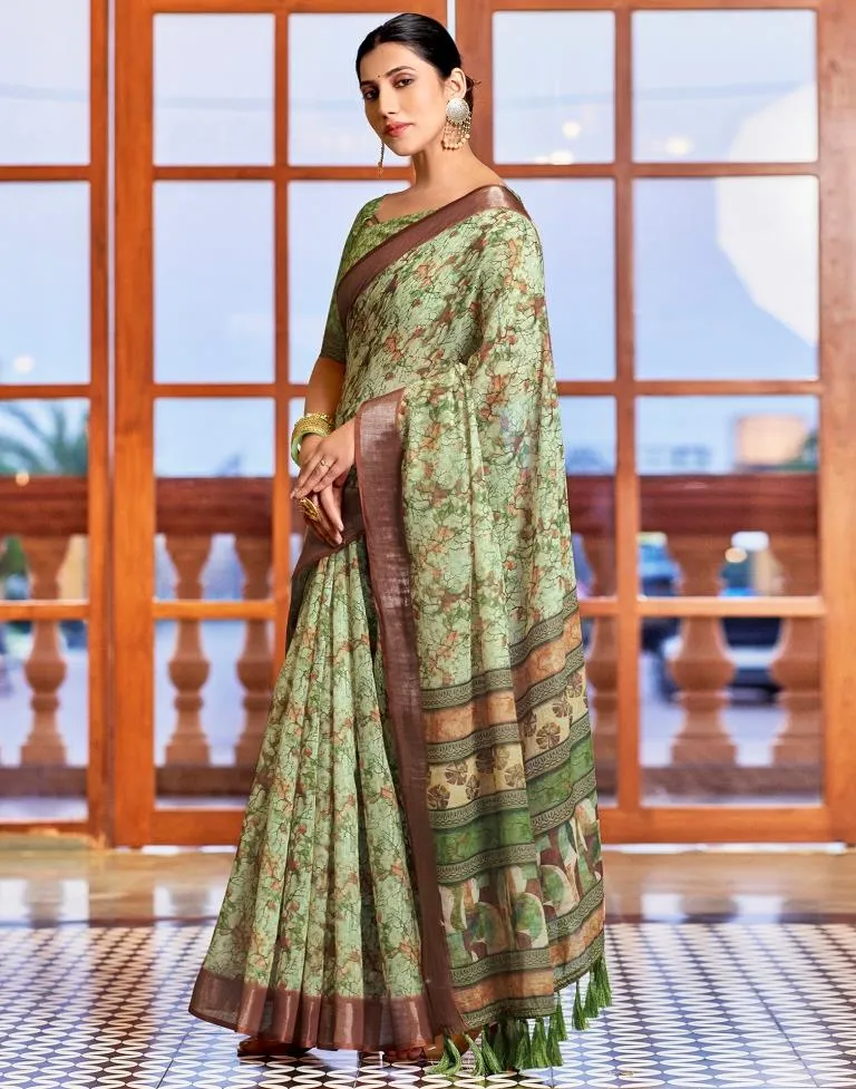 Light Green Linen Printed Sarees