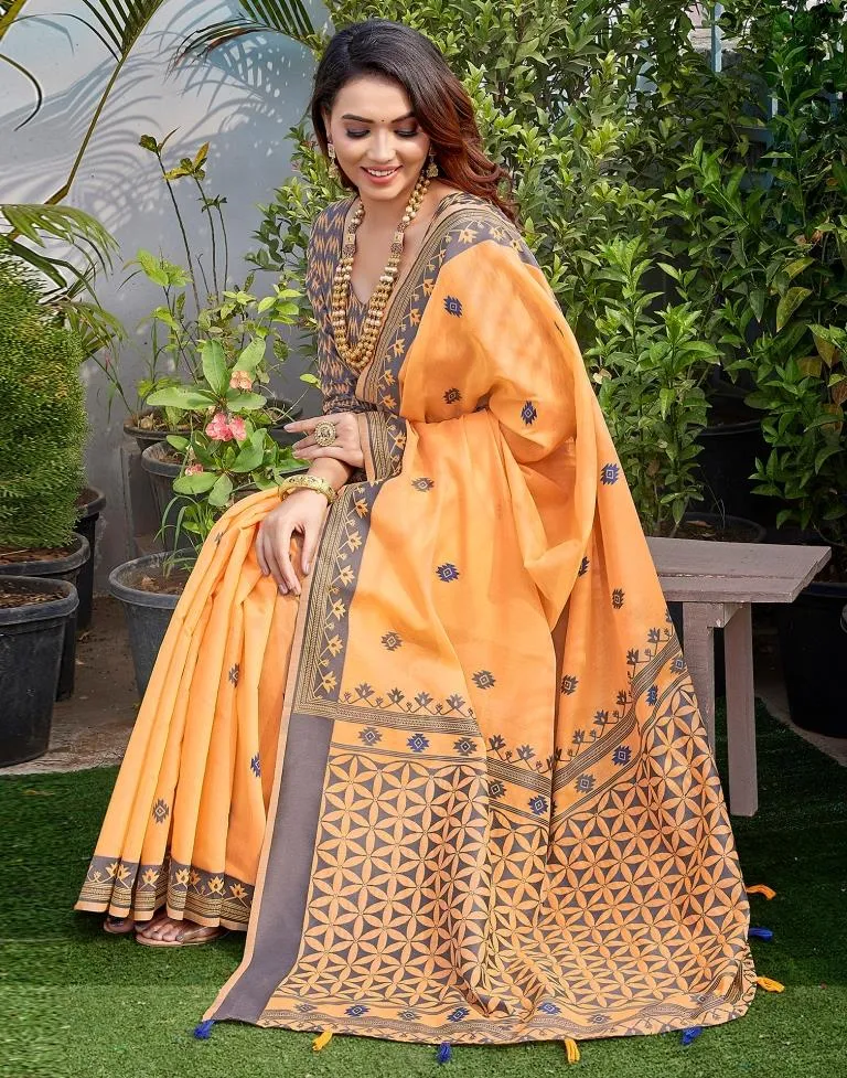 Light Orange Silk Plain Sarees