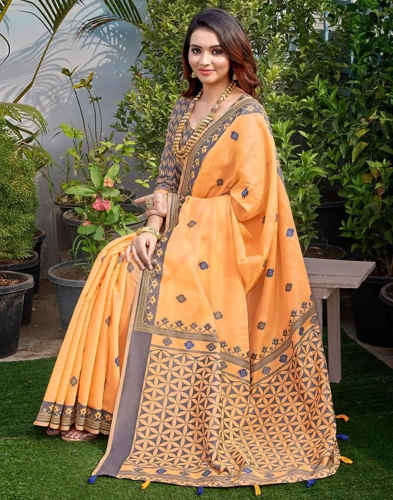 Light Orange Silk Plain Sarees