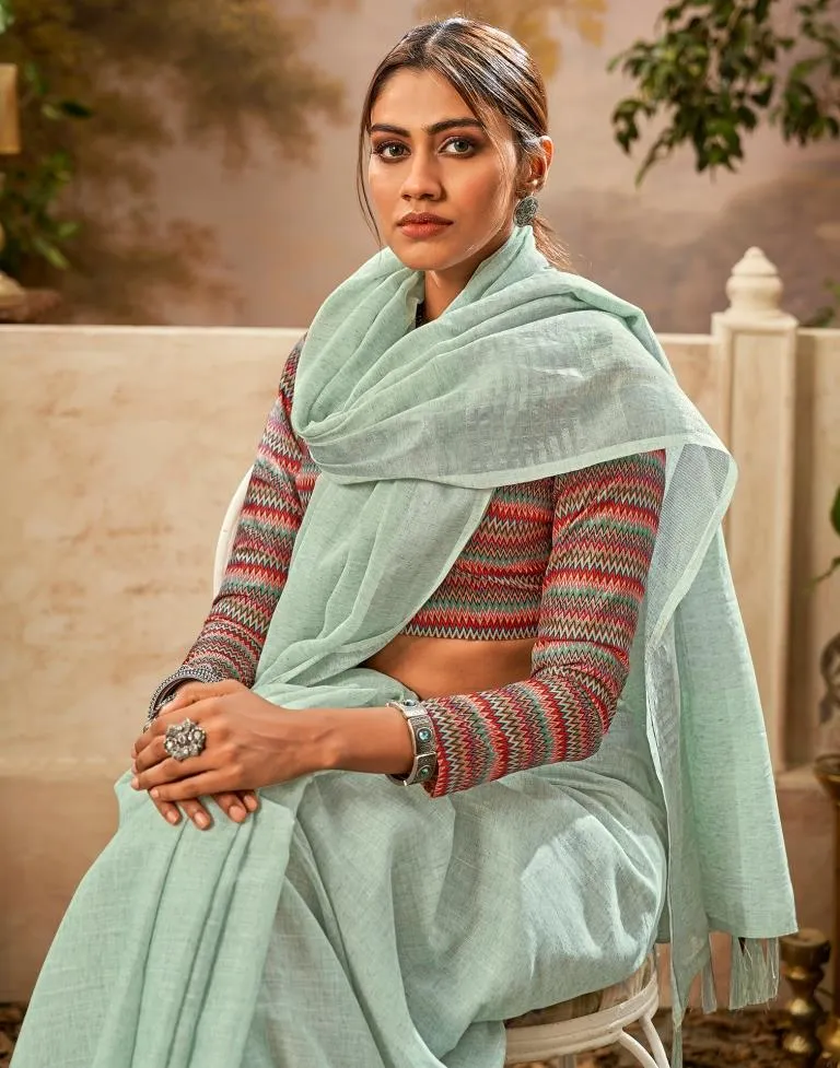 Light Pista Green Cotton Woven Sarees