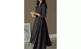 Long-Sleeve Lapel Collar Sashed Plain Double-Breasted Midi A-Line Dress aa8