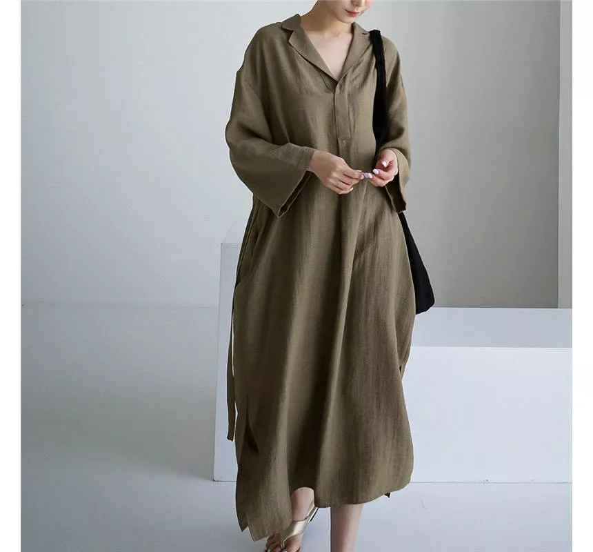 Long-Sleeve Lapel Collar Sashed Plain Half-Button Linen Midi A-Line Dress aa2