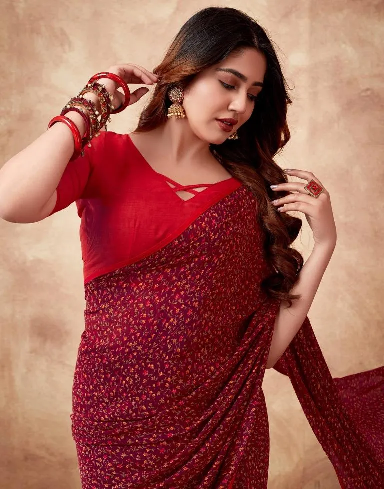 Maroon Georgette Printed Sarees