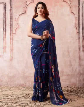 Navy Blue Georgette Printed Sarees