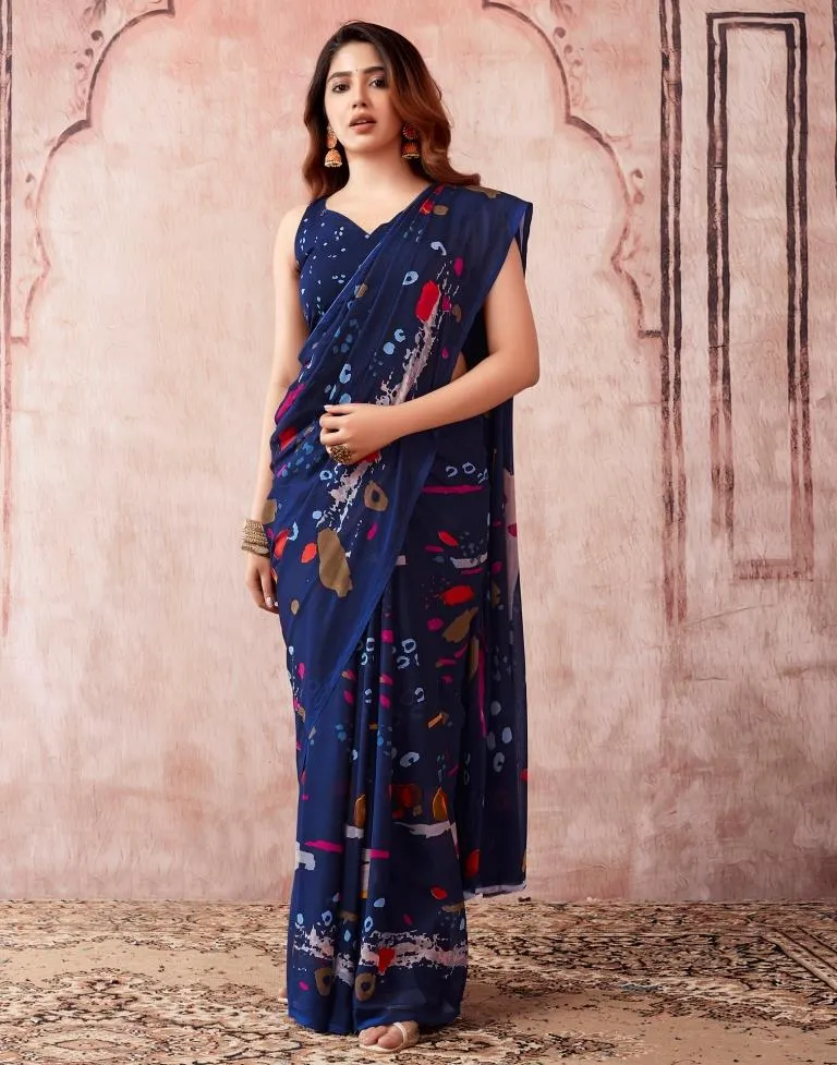 Navy Blue Georgette Printed Sarees