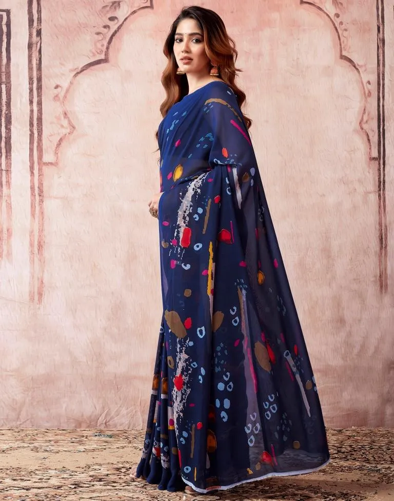 Navy Blue Georgette Printed Sarees