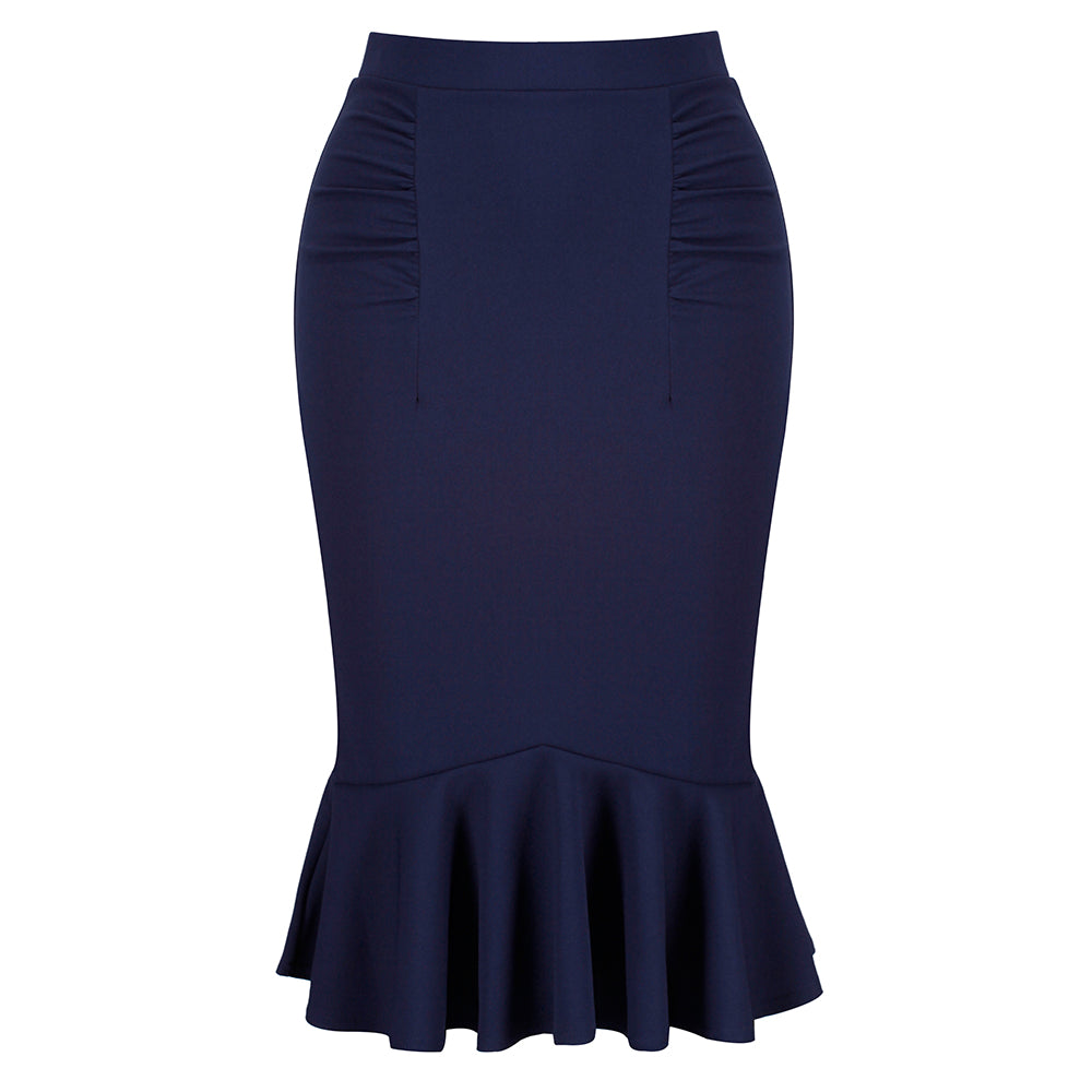 Navy Blue Peplum Fishtail Stretch Pencil Bodycon Skirt