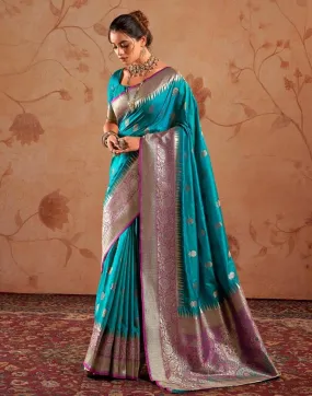 Pacock Blue Silk Banarasi Sarees