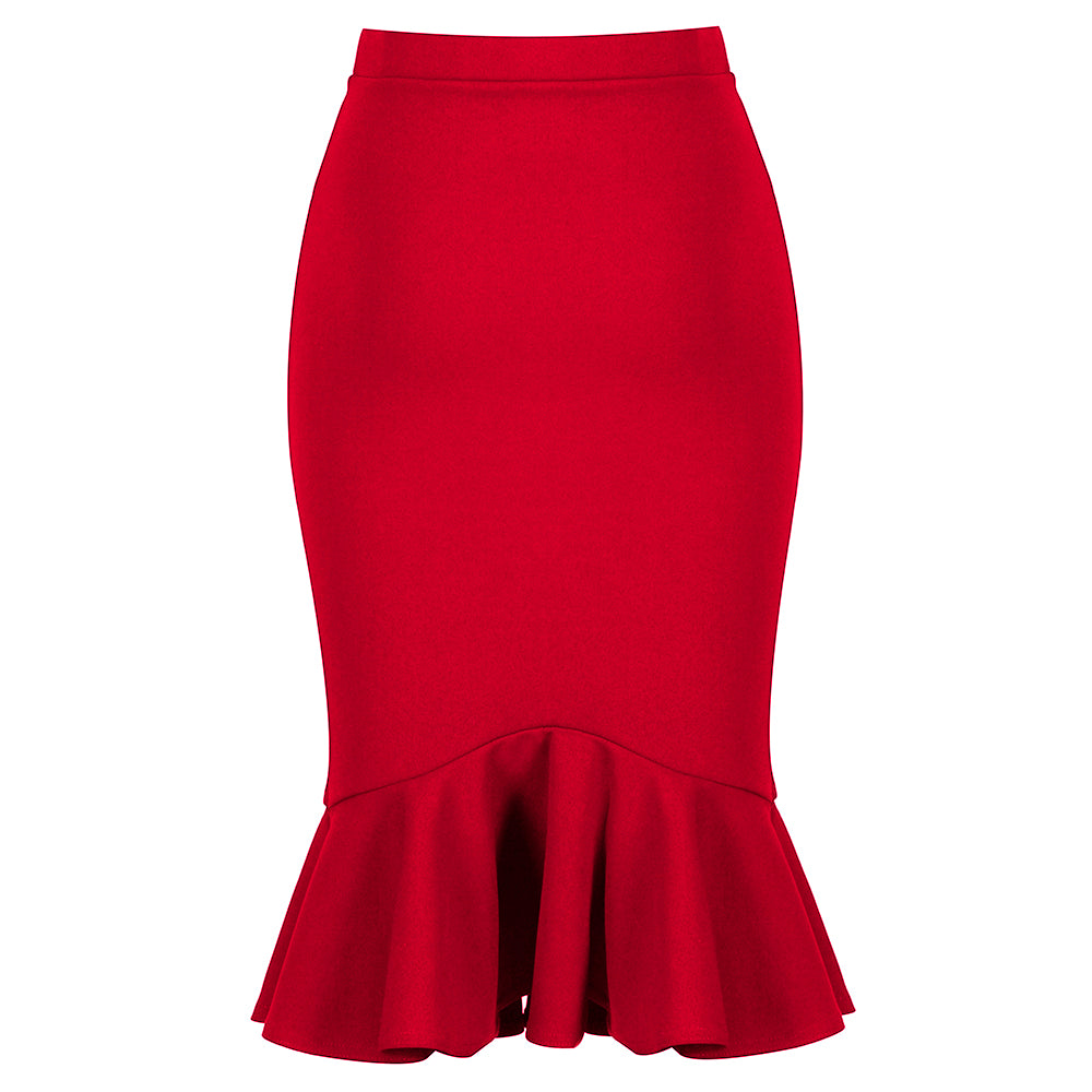 Red Peplum Fishtail Stretch Pencil Bodycon Skirt