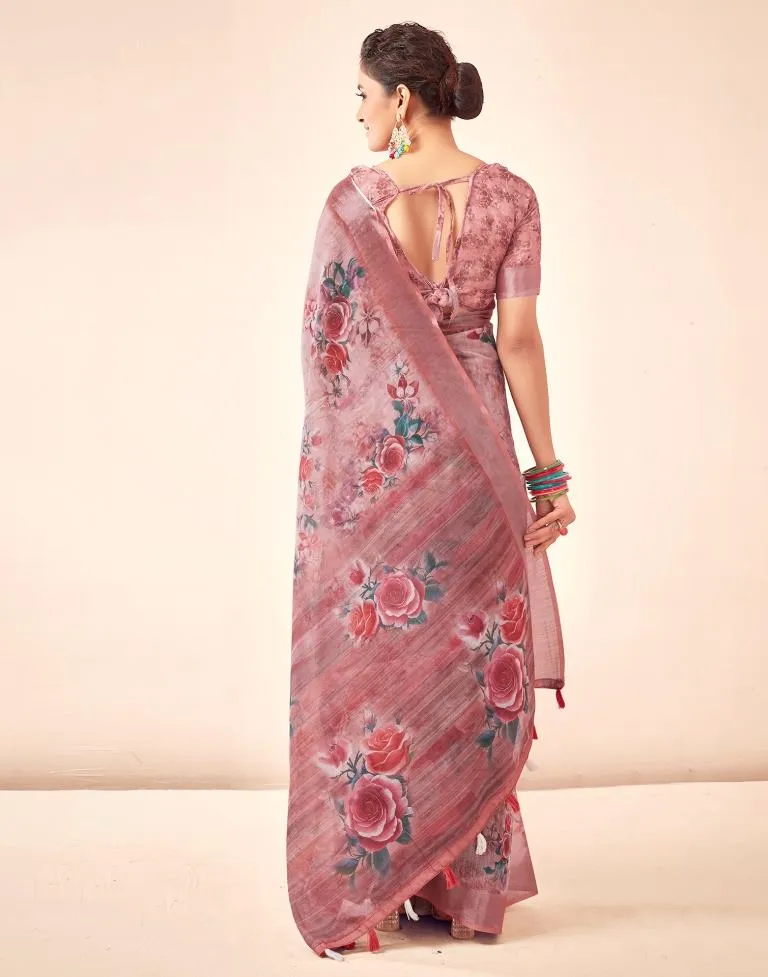 Rose Pink Linen Printed Sarees