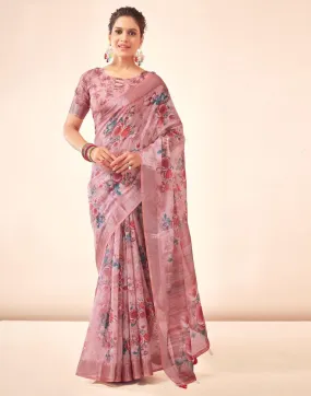 Rose Pink Linen Printed Sarees