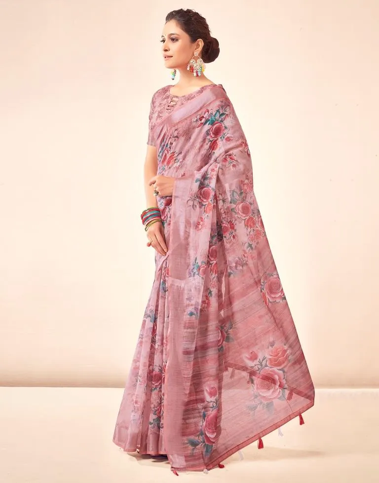 Rose Pink Linen Printed Sarees