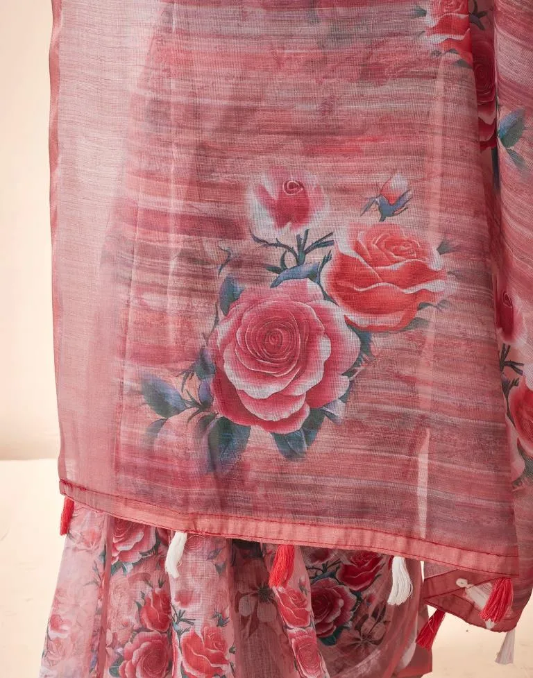 Rose Pink Linen Printed Sarees