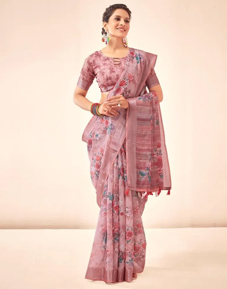 Rose Pink Linen Printed Sarees